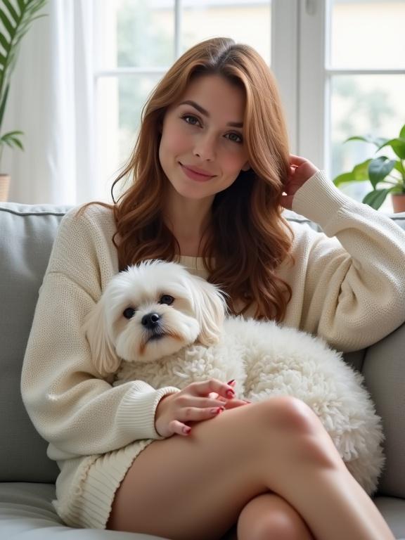 A woman with chestnut brown hair sits on a sofa in a bright living room. Sunlight filters through the window behind her. She wears a luxurious white sweater. On her lap, a Maltese dog sleeps peacefully. Her legs are crossed with a focus on her gorgeous thighs. Nails are beautifully polished. The setting is warm and inviting. The image is captured in high quality.