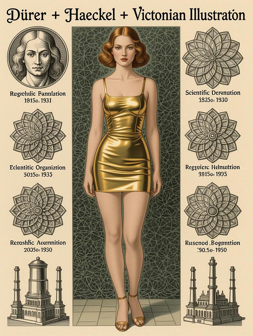 A 2030s Swedish pin up woman stands in a bold metallic gold sundress. Full body representation with a direct bold expression. Background features designs inspired by Dürer and Haeckel. The overall style reflects Victorian illustration principles without faces being directly shown.