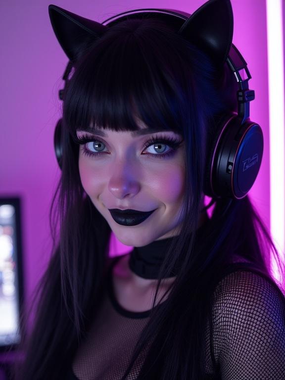 Gothic female Twitch streamer has black pigtails with purple streaks. Heavy eyeliner and black lipstick enhance her look. She wears a mesh top and large gamer headset. RGB lights surround her. The background shows a neon gaming setup. She smirks at the camera.