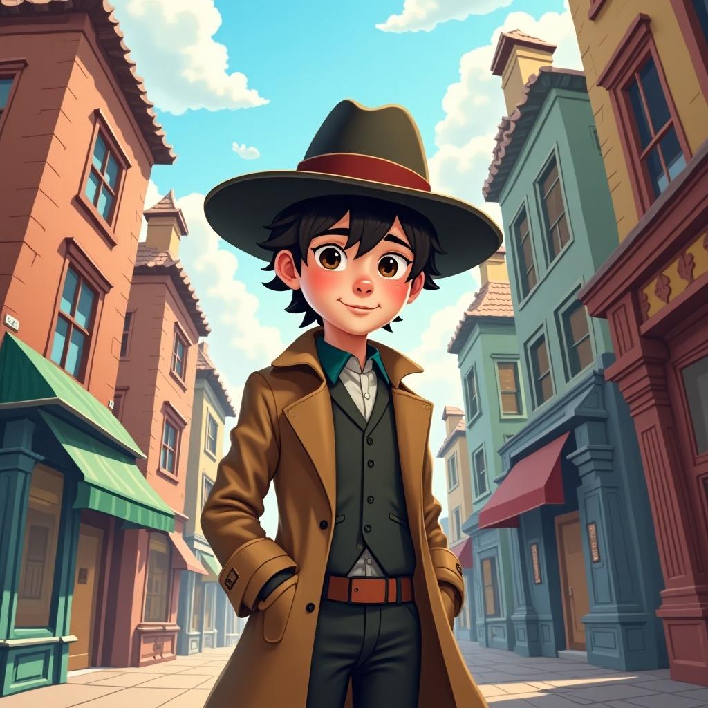 Character in a trench coat standing in a vibrant city street with tall buildings. The scene features a whimsical style, with a variety of architectural details and colors.