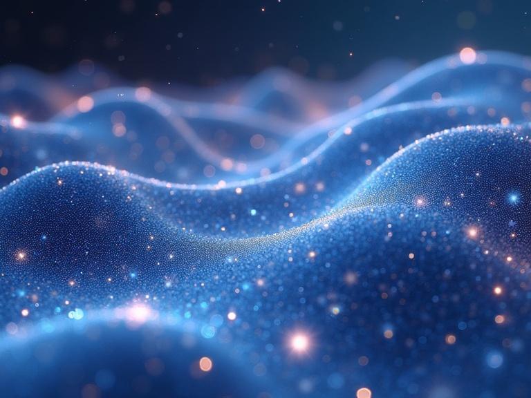 3D texture resembles sparkling ocean waves with a holographic effect. The surface undulates and glimmers like stars in space. Light sparkles and shines with aspects of dreaminess.