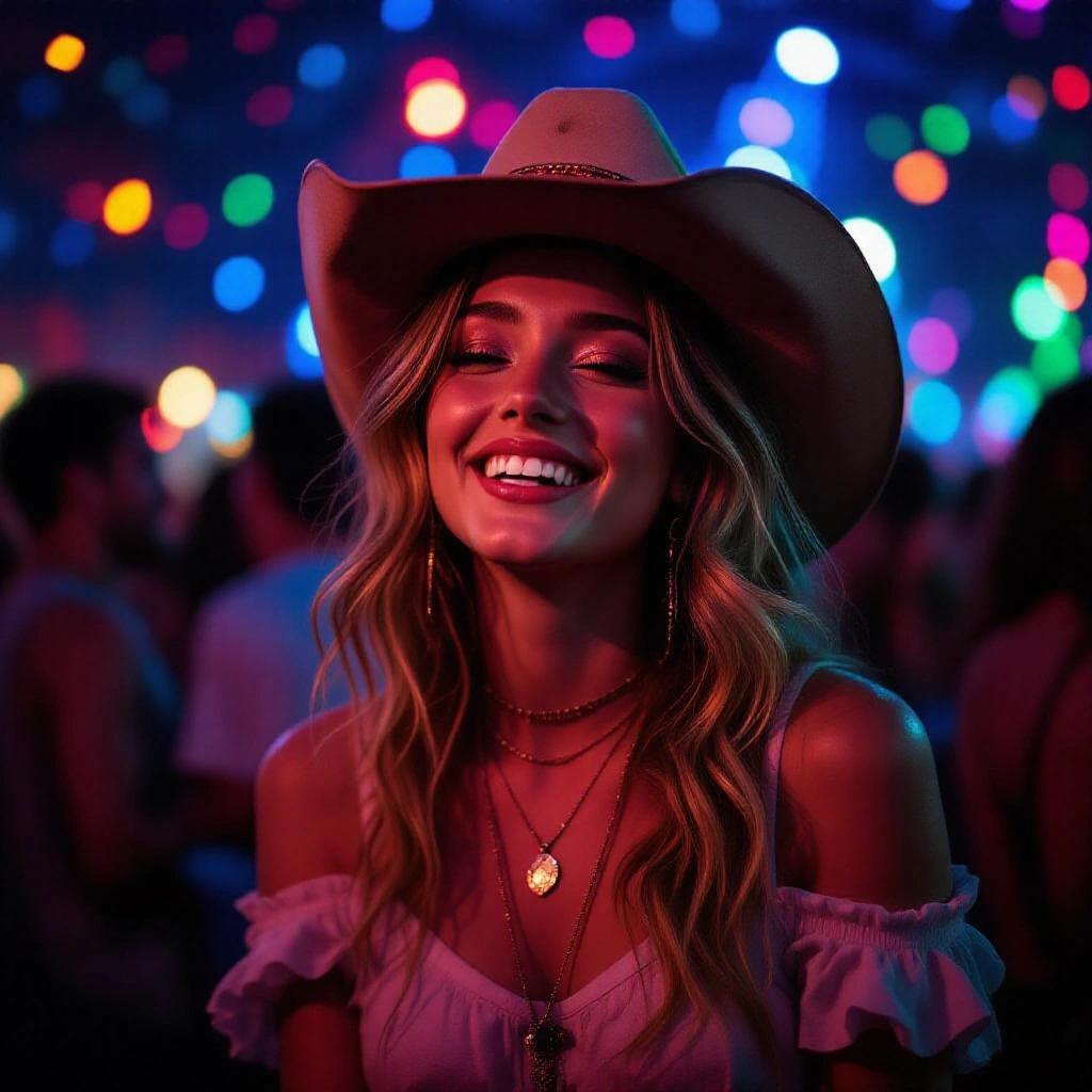 Cowboy shot of a beautiful young woman at a rave party. She appears happy and slightly tipsy. Her joy radiates with colorful lights in the background. She sports a cowboy hat and layered jewelry.