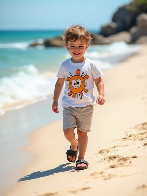 Little boy walks along sandy beach. He wears a cartoon-printed t-shirt with light shorts and sandals. He smiles happily while enjoying the beach.