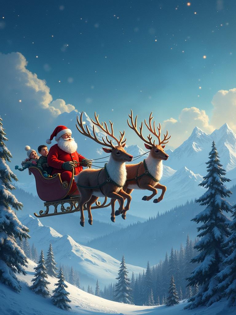 Santa Claus rides in a sleigh pulled by reindeer. Snow-covered mountains and lush forests are visible. A little boy sits beside Santa. The sky sparkles with stars. The scene is warm and magical.