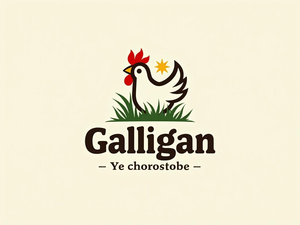 The image is a logo featuring a stylized rooster standing on a patch of grass. The rooster is depicted in a minimalist design with a striking red comb and wattles, black outlines, and a yellow star on its side, which adds a sense of dynamism. Below the rooster, the text "Galligan" is prominently displayed with the phrase "Ye chorostobe" beneath it.