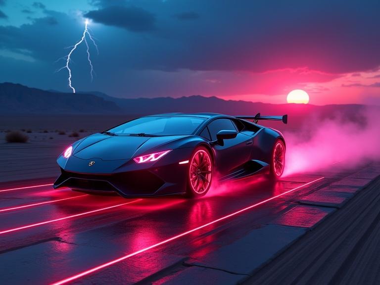 Futuristic Lamborghini in a desert with vibrant colors. Deep blue and red lights illuminate the scene. Laser light wheel rims create a striking effect. A dramatic sunset with lightning in the background adds to the atmosphere. Fog effects enhance the visuals.
