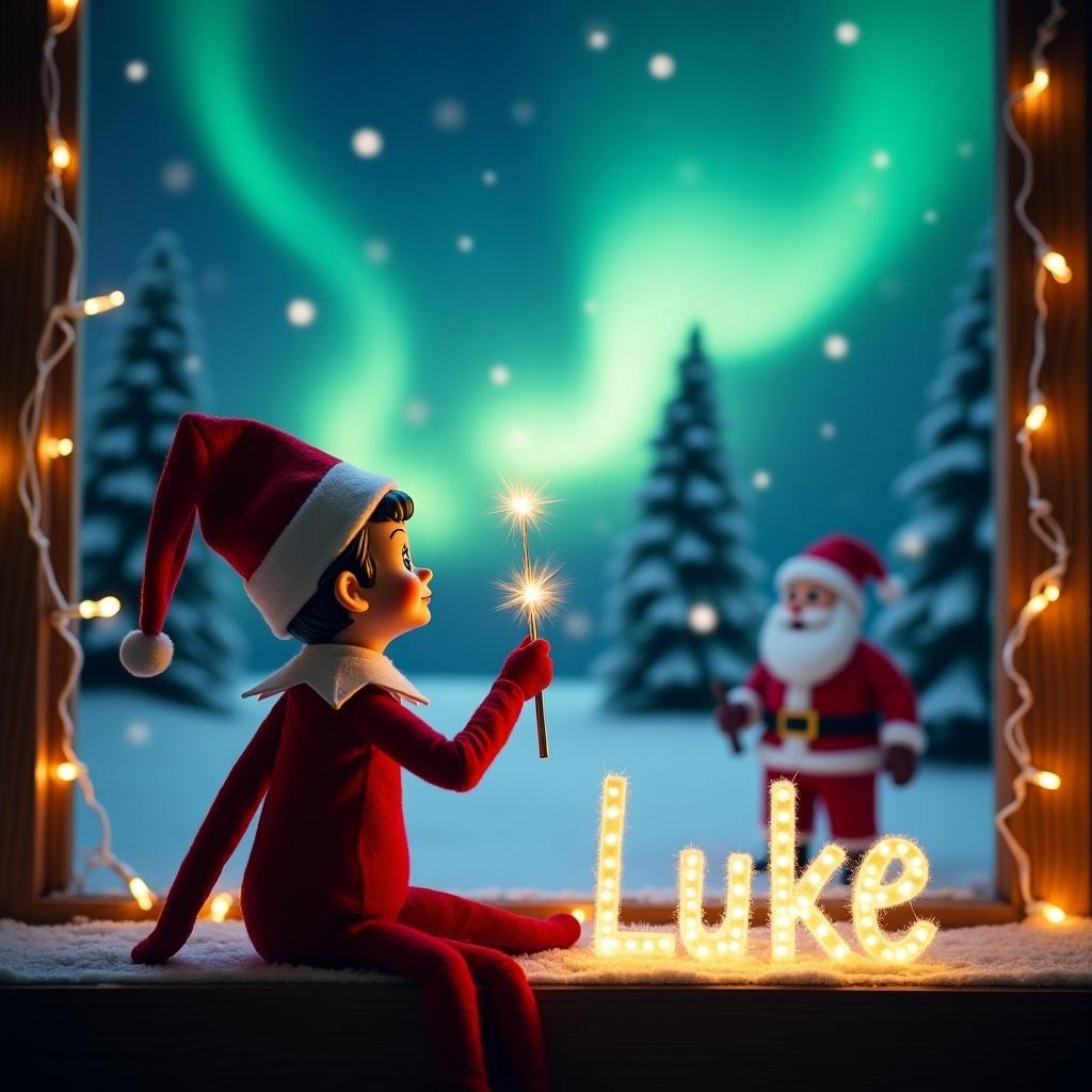 The image features an Elf on the Shelf sitting with his back to the viewer, gazing at the stunning northern lights in the night sky. He holds a wand and is crafting the name 'Luke' in shimmering light. In the background, Santa Claus can be seen, smiling warmly amidst a snowy landscape filled with evergreen trees. The scene is beautifully illuminated by festive lights, capturing the essence of Christmas magic. The elf is deeply focused on creating the name, making the scene feel personal and special for the holiday season.