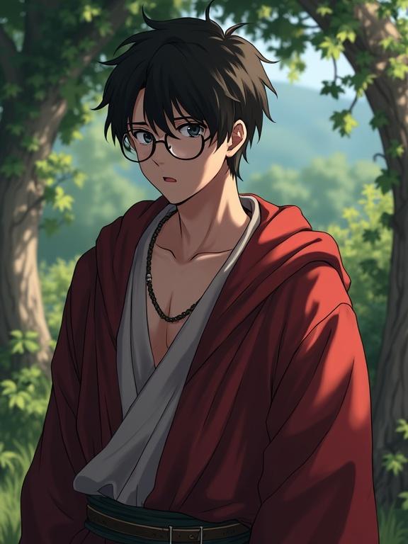A young man wearing robes with round glasses stands outdoors. He has a worried expression, short spiky hair. The background features lush green vines. This is set in a dark fantasy anime style.