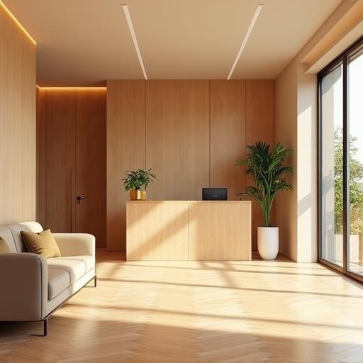 3D-rendered digital image of modern reception area. Calm and elegant atmosphere. Light brown wood reception desk. Beige leather or fabric armchairs and sofas. Light wood-paneled walls. Herringbone pattern flooring in soft tan or honey brown. Fresh potted plants. Warm natural lighting from unseen window. Soft shadows and cozy vibe. Styled with soft light brown tones and natural textures. Clean minimalist design.