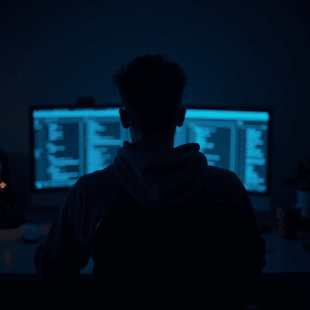 A person working on computer coding in a dimly lit room, surrounded by glowing screens.