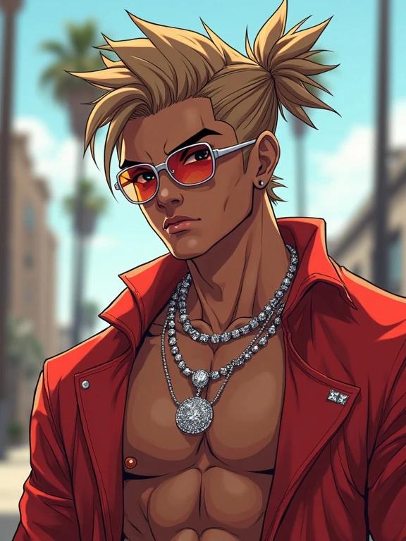 Anime character showcasing hip hop culture. Young man with light brown spiky hair in a ponytail. Dressed in luxurious diamond-encrusted jewelry and modern streetwear. Set in Beverly Hills during summer with a focus on contemporary aesthetics. Rapping to an audience of beautiful women.