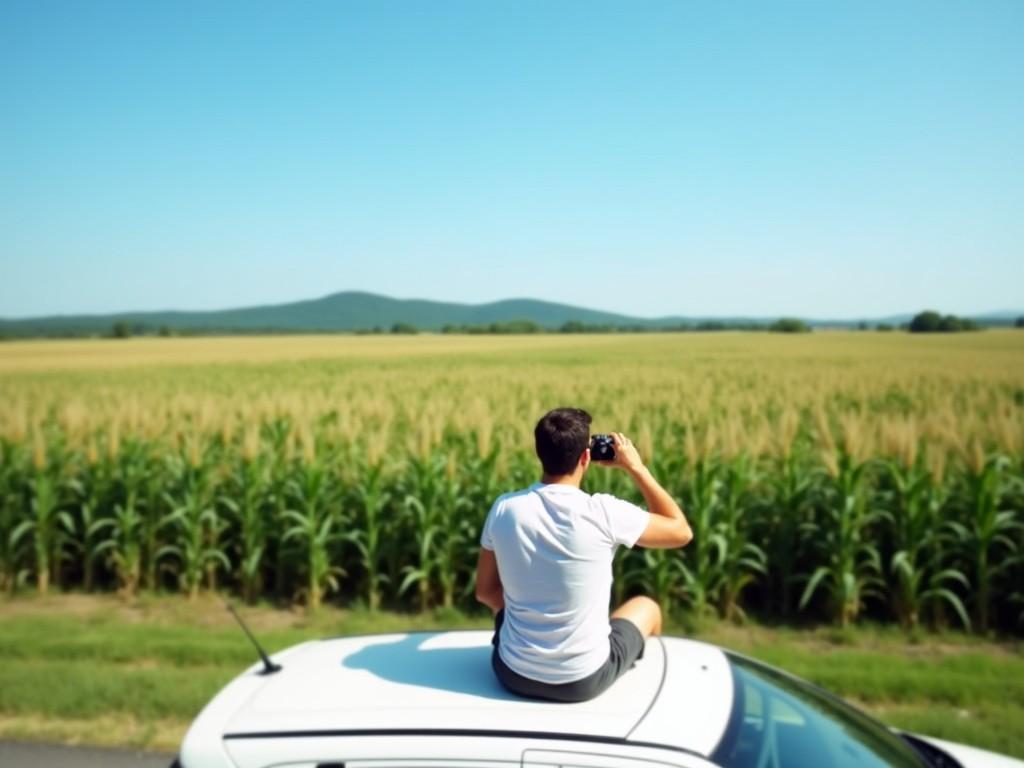 A person is sitting on the roof of a parked white car, immersed in photographing a vast cornfield under a clear blue sky. The scene exudes a sense of adventure and tranquility as the horizon stretches out to distant rolling hills, inviting exploration and reflection.