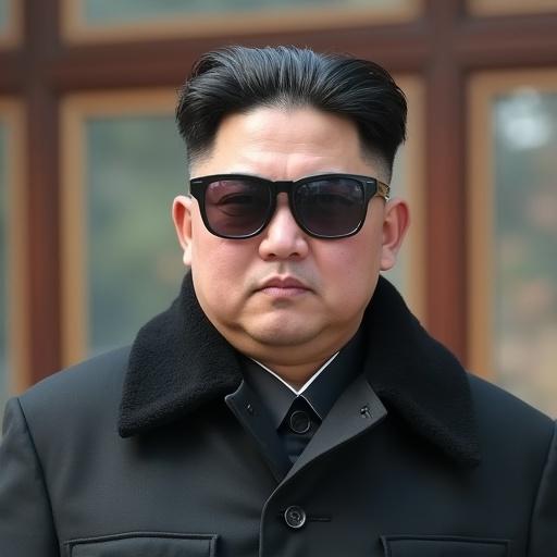 Cosplay representation of a North Korean leader wearing sunglasses. The character has short hair and is dressed in a black outfit. The person appears serious and confident against a blurred background.