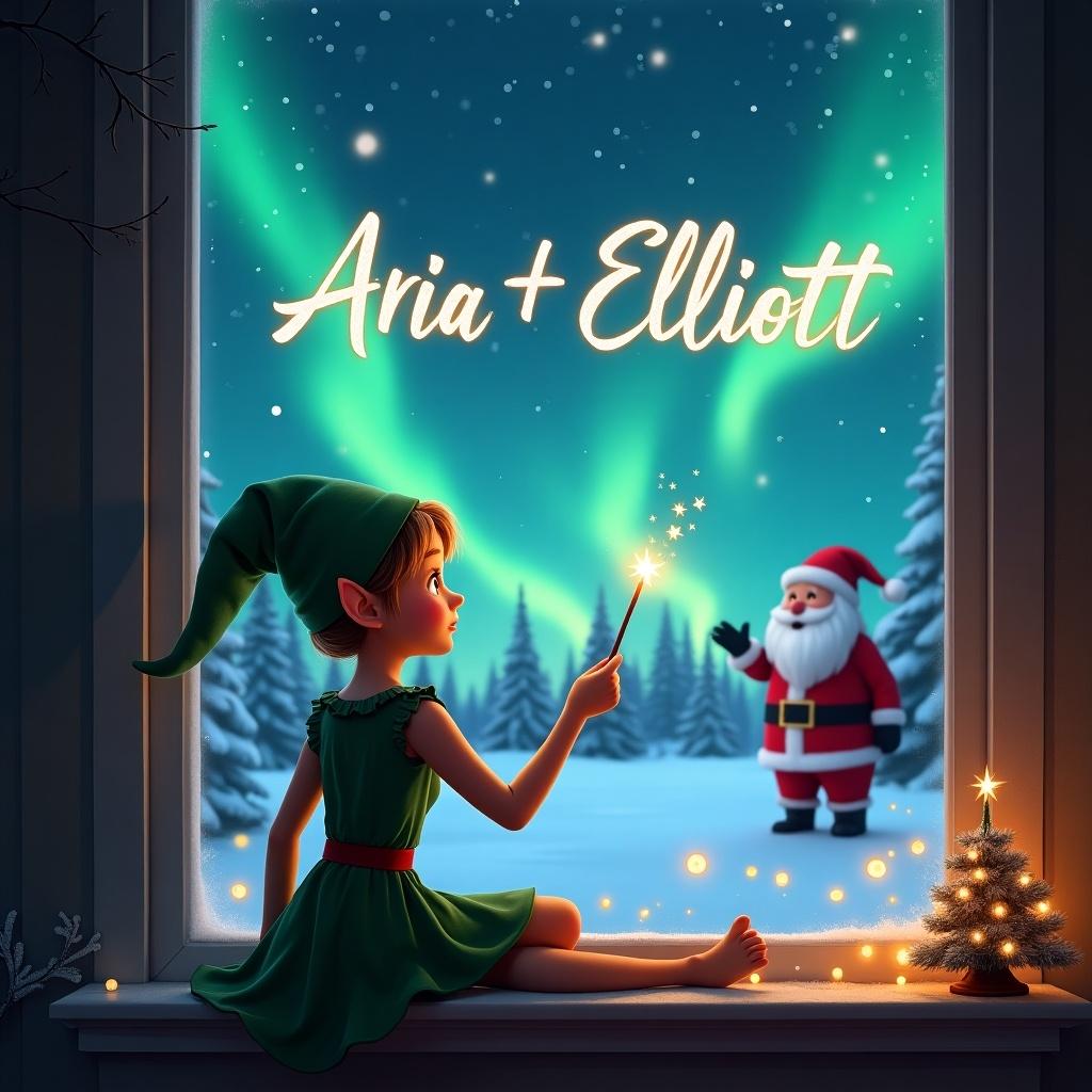 Elf character sits by a window. Wand creates names in the sky. Background reveals northern lights. Santa Claus appears outside. Scene is festive and cheerful.