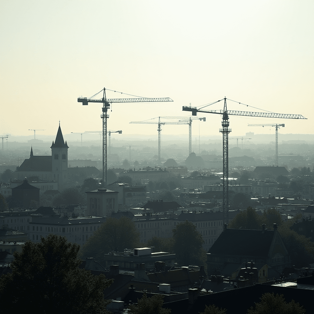 Construction cranes dominate a city skyline overshadowed by a morning haze, with rooftops and a distant cathedral blending into the misty horizon.