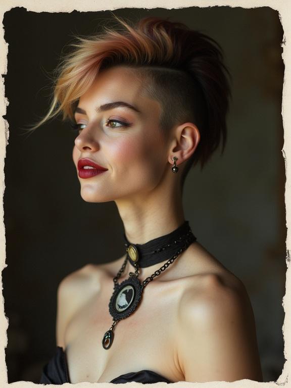 Photograph of a woman with multi-coloured mohawk hairstyle wearing deep red lipstick and black choker necklace. She is topless with right breast partially visible. Camera angle is low, capturing her from the side and slightly below eye level. Head turned left looking over shoulder with a subtle smile. Soft even lighting, medium close-up composition with blurred background. Photograph has a torn paper-like border.