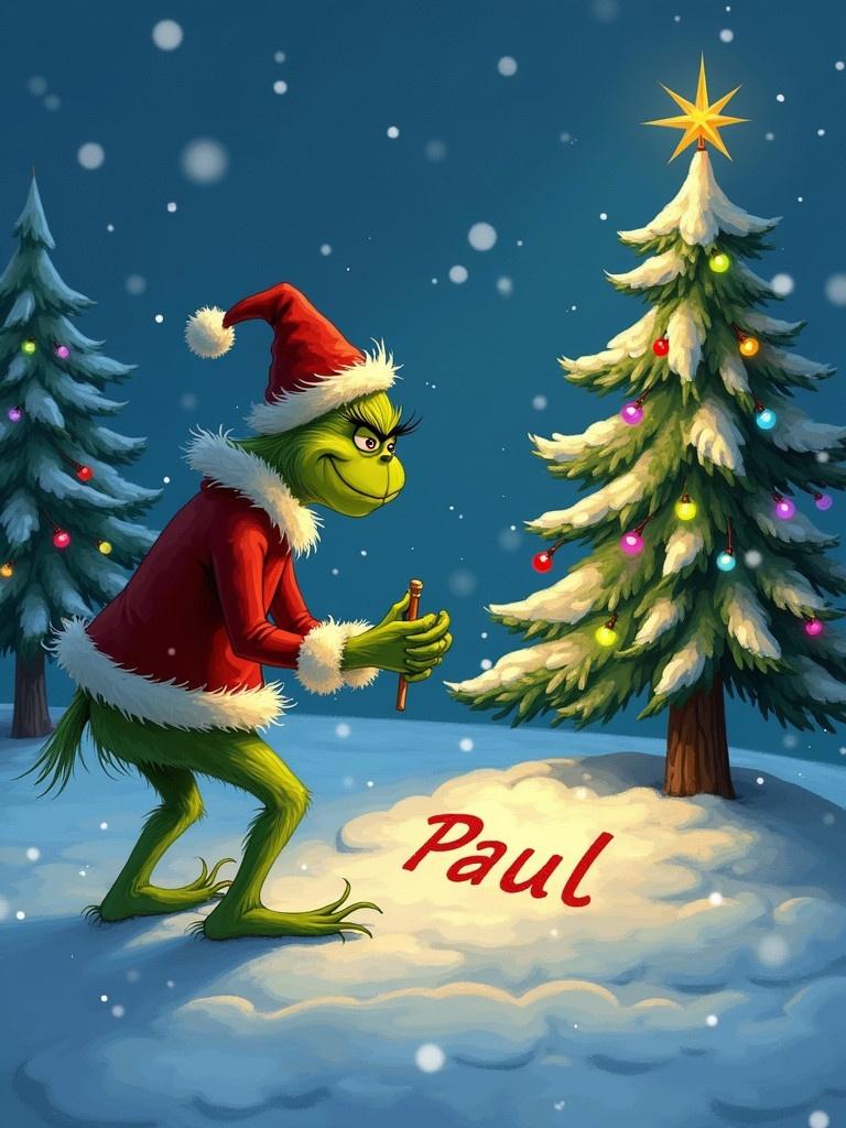 The Grinch is outside surrounded by snow and Christmas trees. He is writing the name Paul in the freshly fallen snow. A star shines brightly above.