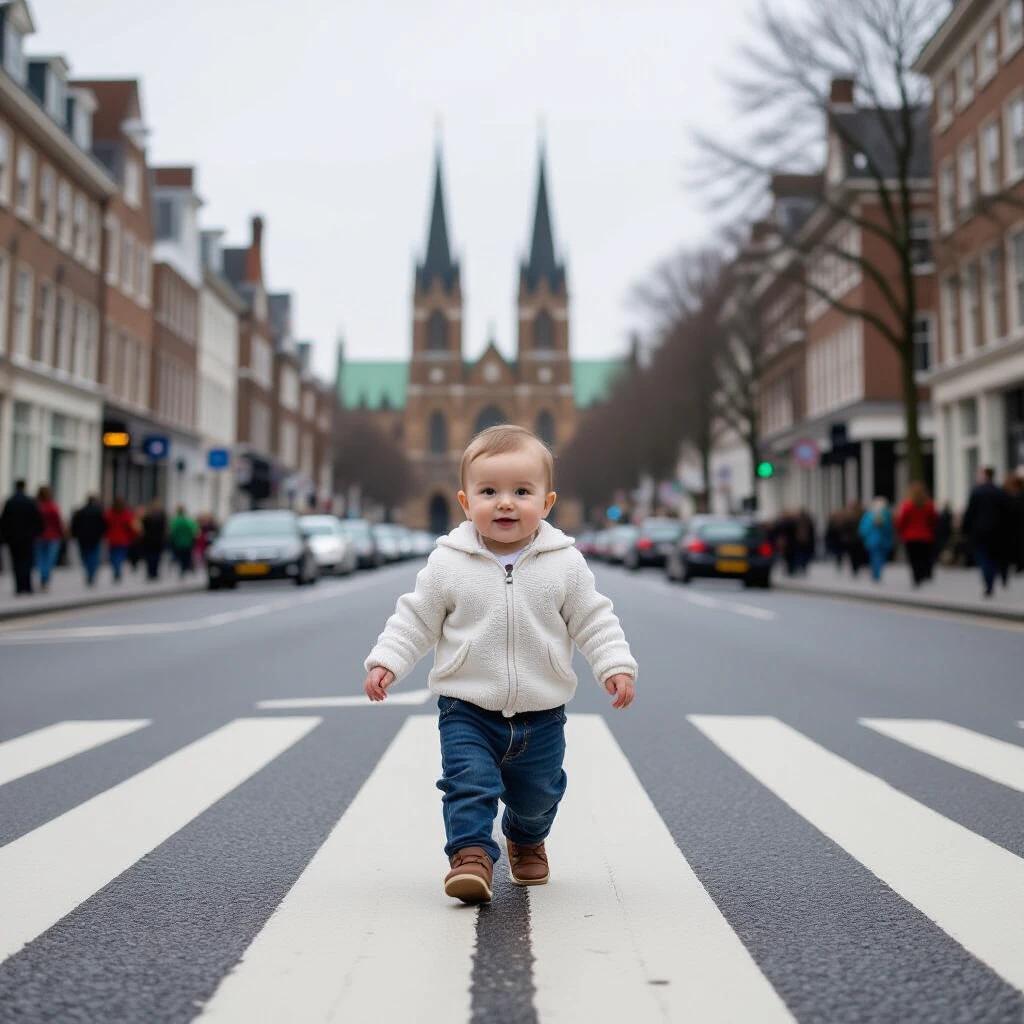 A baby walks on white pedestrian stripes in an urban setting. The background shows a church with two towers. Cars and people are visible in the distance. The setting is calm and atmospheric.