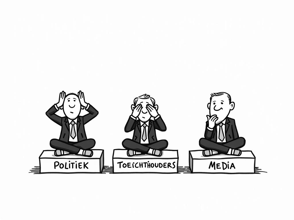 The image features three cartoon characters drawn in a simple black and white style, all of them dressed in formal suits, representing different sectors in society. On the left, there is a figure labeled 'Politiek' (Politics) who has their hands covering their ears. In the center, another figure is labeled 'Toezichthouders' (Supervisors) and is seen covering their eyes with both hands, reflecting a state of denial or ignorance. On the right, the figure labeled 'Media' has their hands resting on their chin, looking thoughtful, but also somewhat disengaged. The characters are sitting cross-legged on a platform labeled with their respective titles. This image conveys a message about avoidance and lack of accountability among these influential sectors.