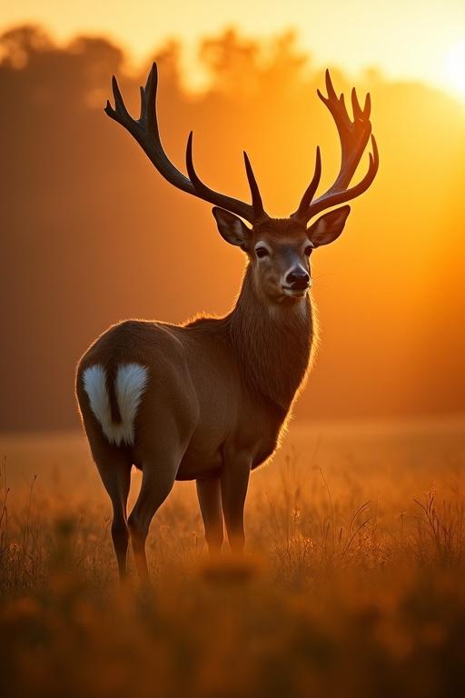 A majestic deer with impressive antlers stands gracefully in a sunlit meadow at sunset