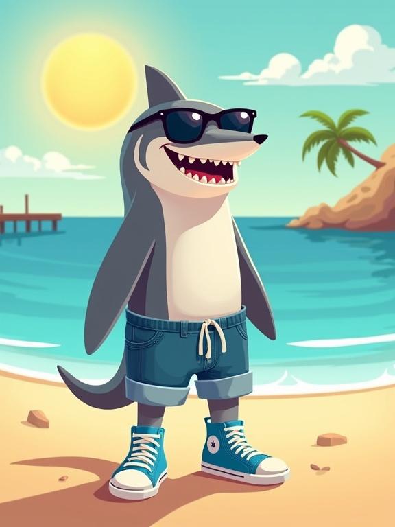 A stylized anthropomorphic shark character stands on a sandy beach. Shark has a light grey body with smooth lines. Facial details include an open mouth with sharp teeth and sunglasses. Shark wears denim shorts and bright blue sneakers. The ocean is calm with soft waves and a clear sky with fluffy clouds. A large sun shines in the background. Warm sunlight casts soft shadows. Composition balances the character, ocean, and sun for dynamic visual appeal. Colors include warm beiges and cool blues, creating contrast.