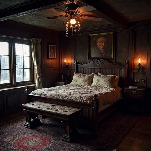 Dark interior of a bedroom featuring ornate wooden furniture and dim lighting. A large bed with decorative bedding dominates the space. Antique decorations enhance the room's historical vibe, reminiscent of pirate lore.