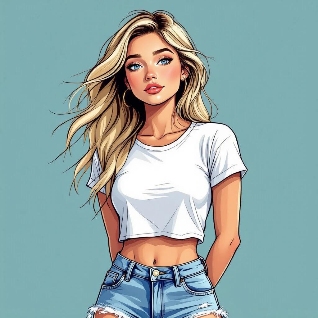 A young woman is depicted in a side view with bright blue eyes and long straw-blonde hair. The hair is blown by the wind creating a sense of movement. She has a dreamy expression and wears a white cropped t-shirt paired with tight ripped denim shorts. Her hands are clasped behind her back. The artistic rendering captures a semi-realistic and comic style with bold lines.