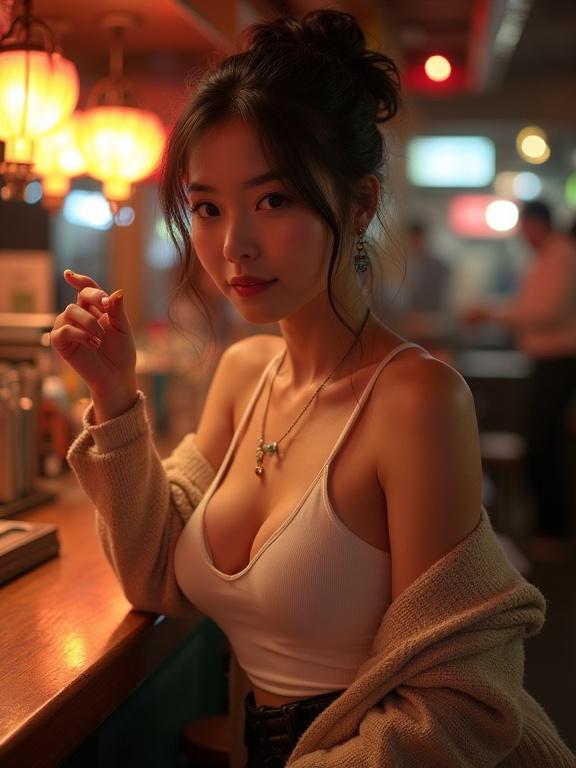 Young Japanese woman poses at a bar. She has a deep neckline and wears a cardigan. Her hair is styled in an updo. A necklace adorns her neck. The setting has warm lighting and vibrant colors. She leans slightly over the bar with a flirty smile.