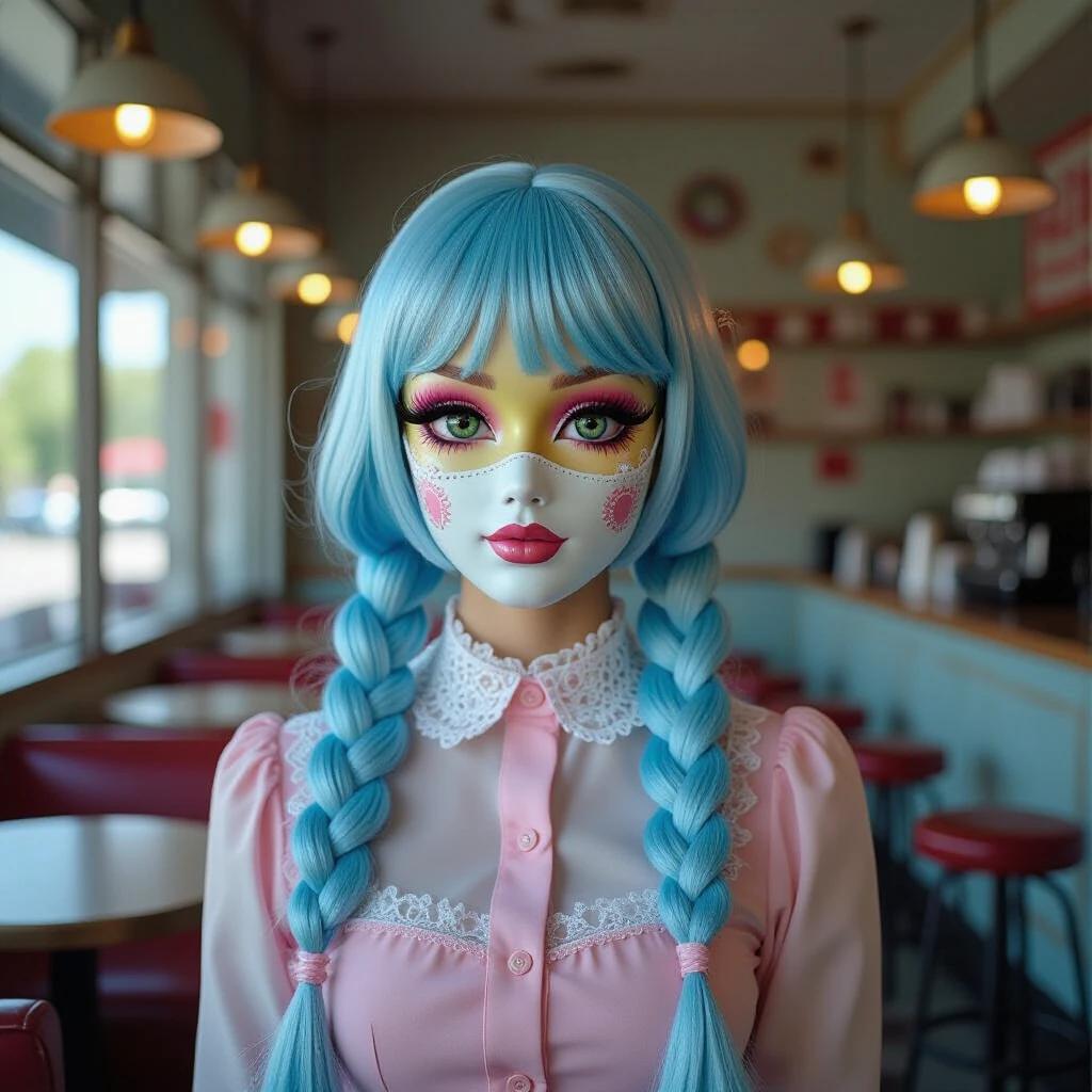 A person dressed in a vibrant doll-like costume is in a damaged open-air restaurant. The costume is detailed and whimsical with bright colors. The background shows overturned furniture and a wet floor. Large windows reveal a turbulent body of water under a gray sky.
