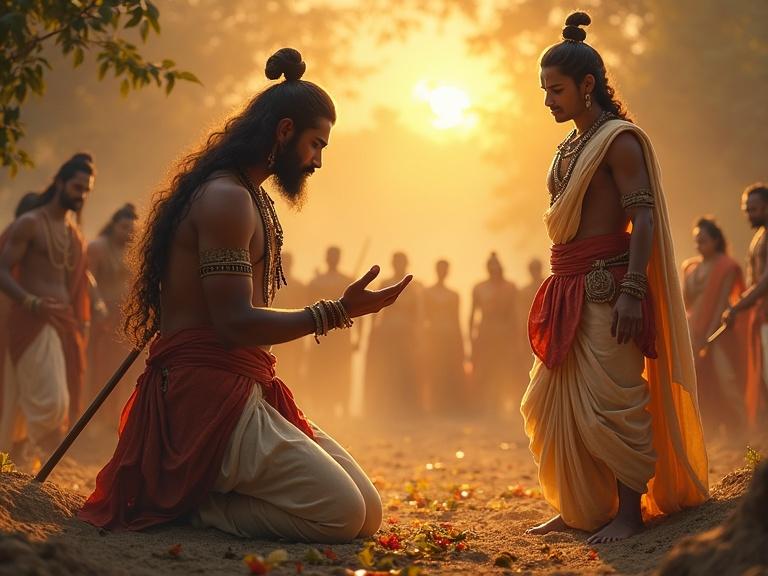 A scene of divine counsel before a great war. Prince Arjuna kneels in despair, surrendering weapons. Lord Krishna stands serenely, beginning to share wisdom. The atmosphere conveys surrender and divine guidance.