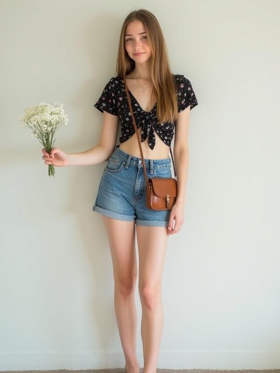 Image shows a young woman standing barefoot against a plain background. She has long light brown hair. She wears a black floral crop top tied in the front. She matches it with blue denim shorts tied at the front. She holds a small brown leather purse on her left hip. In her right hand, she extends a bouquet of white flowers towards the camera. She appears relaxed and smiling.