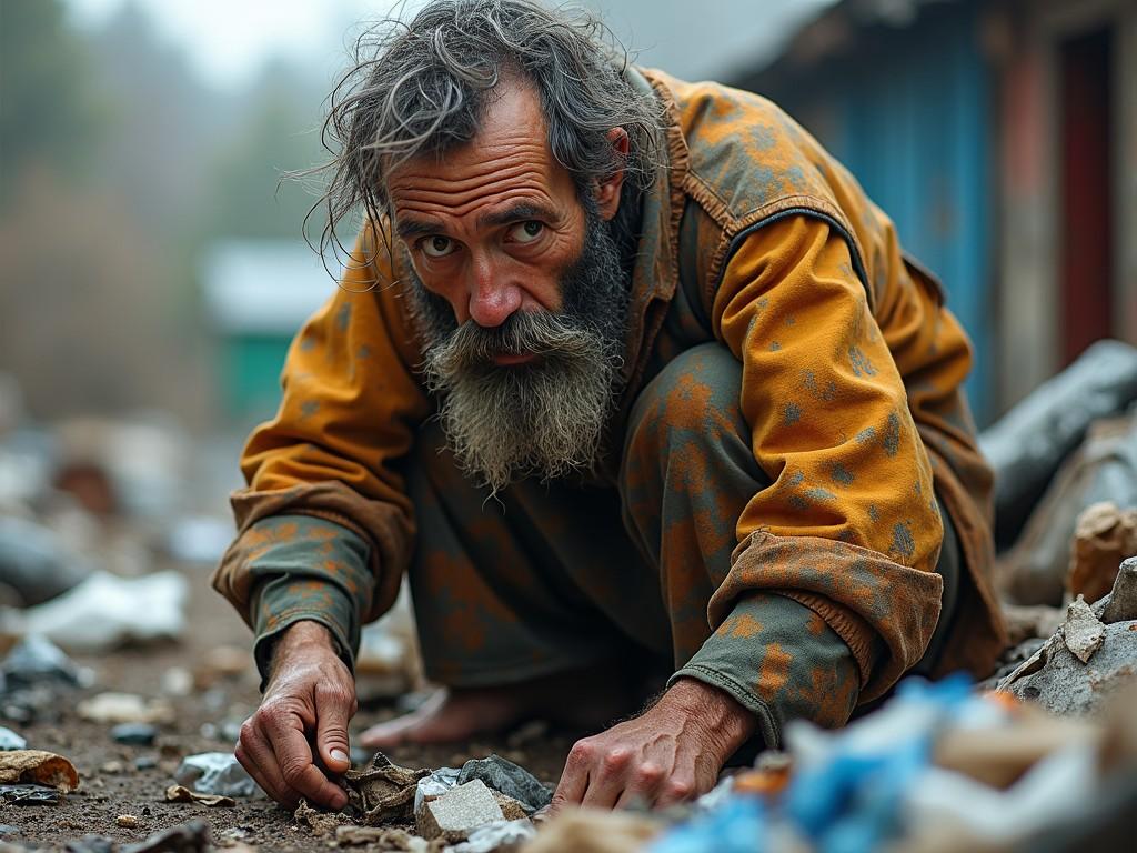 The image captures a bearded man crouched down in an urban setting, surrounded by debris. His expression is focused and intense as he digs through the ground. He wears a worn orange jacket that blends with the earthy tones around him. The background is slightly blurred, giving emphasis to the main subject. This scene conveys a sense of hardship and survival in a challenging environment.