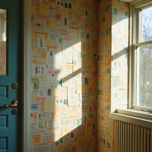 Lottery tickets used as wallpaper in a room. Natural light highlights the texture and patterns. A corner view captures the window and wall.