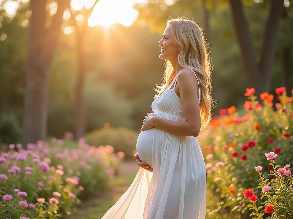 This image portrays a pregnant woman standing gracefully in a lush garden, enveloped in the warm, golden glow of the setting sun. She is wearing an elegant white dress that contrasts beautifully with the vibrant flowers surrounding her, creating an aura of peaceful anticipation.