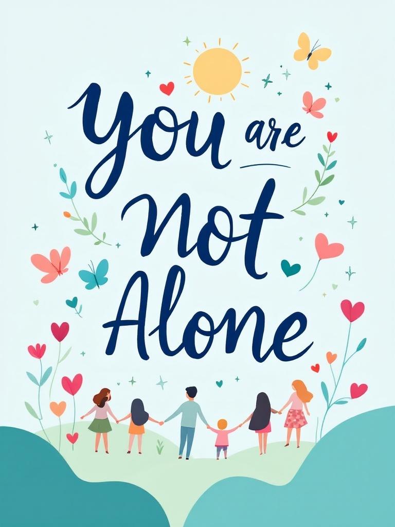 The phrase 'You Are Not Alone' in a bold comforting font. Soft pastel shades of blue and green used throughout. Illustrations include people holding hands and symbols like hearts and butterflies surrounding the text.