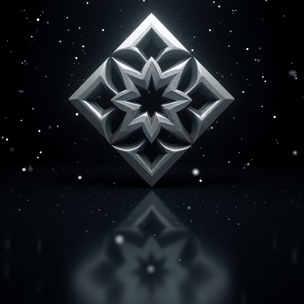 Sleek metallic three-dimensional emblem resembling angular prism. Dark reflective environment. Digital art, complex geometric crystalline structure, central hexagonal shape, surrounded by intricate angular patterns, starry background.