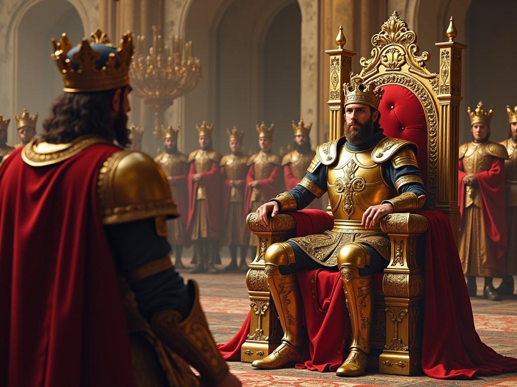 King Rudrasen seated on a golden throne. Speaking with his minister. King in golden armor with a crimson cape. Crown on his head. Majestic royal court. Hall with stone carvings and golden chandeliers. Ministers and soldiers nearby.