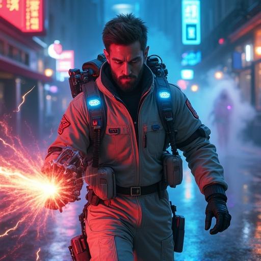 A young man with a beard in a high-tech ghost-hunting suit. He is holding a futuristic weapon that emits energy. The scene takes place at night with neon lights reflecting on wet pavement. Supernatural mist surrounds him with faint ghostly apparitions. The composition captures a high-energy moment in a cinematic style.