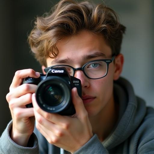 A teenage boy with light brown hair wears specs. He holds a DSLR camera. The boy is ready to take a photo.