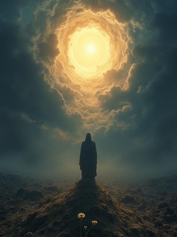 Heavenly being stands atop ravaged world. Deep indigo sky has swirling dark clouds. Bold golden light radiates from the figure. Foreground shows a delicate green flower blooming on barren earth. The contrast illustrates struggle between light and darkness.