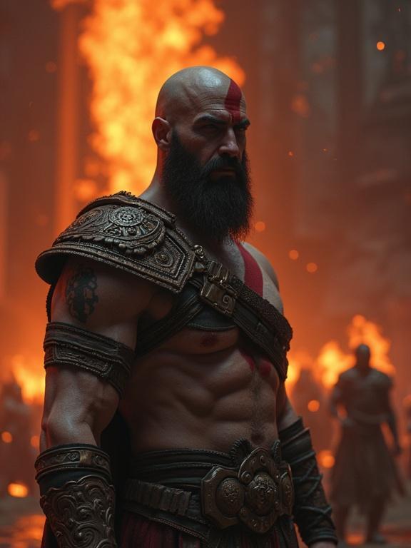 A powerful Kratos stands in a dramatic scene, embodying redemption. His muscular form is illuminated by flames in the background, symbolizing his journey towards inner peace. The setting conveys a climactic moment, merging themes of past struggles with newfound self-acceptance.