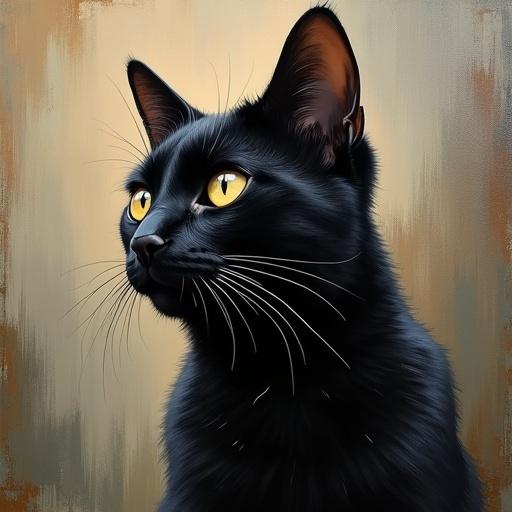 black cat depicted in oil painting style with impressionistic techniques. The cat features bright yellow eyes and a detailed fur texture.