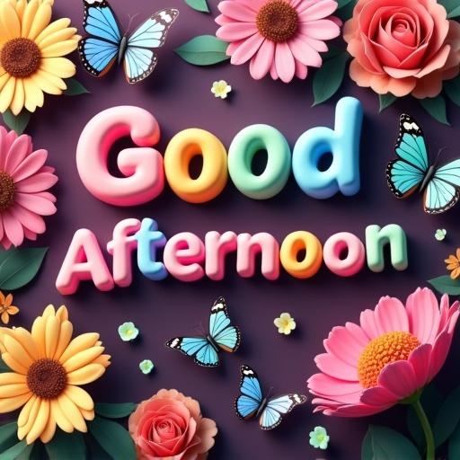 A digital artwork displaying the text Good Afternoon in 3D. Colorful letters float among stylized flowers and butterflies. Background fades from dark purple to pink. Various flowers like pink cosmos and yellow daisies appear. Butterflies flutter in turquoise and orange. Shadows add depth. Image has a soft quality with a glow effect. Includes handwritten text by Muny Vathana.