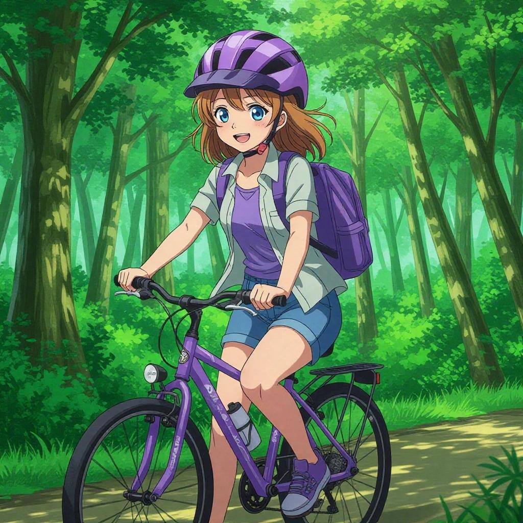 Anime style image featuring a girl with light brown hair and blue eyes. Wearing a purple bike helmet, greyish blue shorts, unbuttoned light grey short sleeve shirt, a lilac top, purple sneakers, and a purple backpack. Cycling through a green forest.