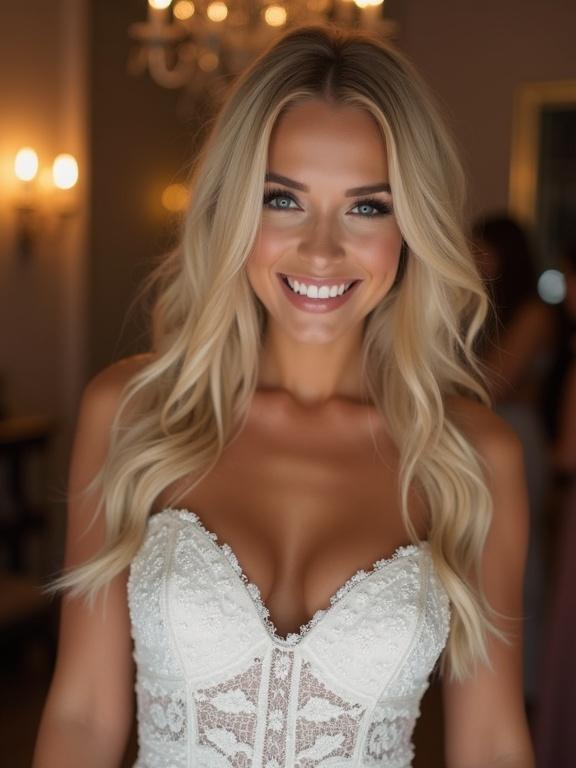 bride in a wedding dress with a smile. Woman has long blonde hair and a beautiful face. Dress features a flattering neckline. Atmosphere is celebratory and elegant.