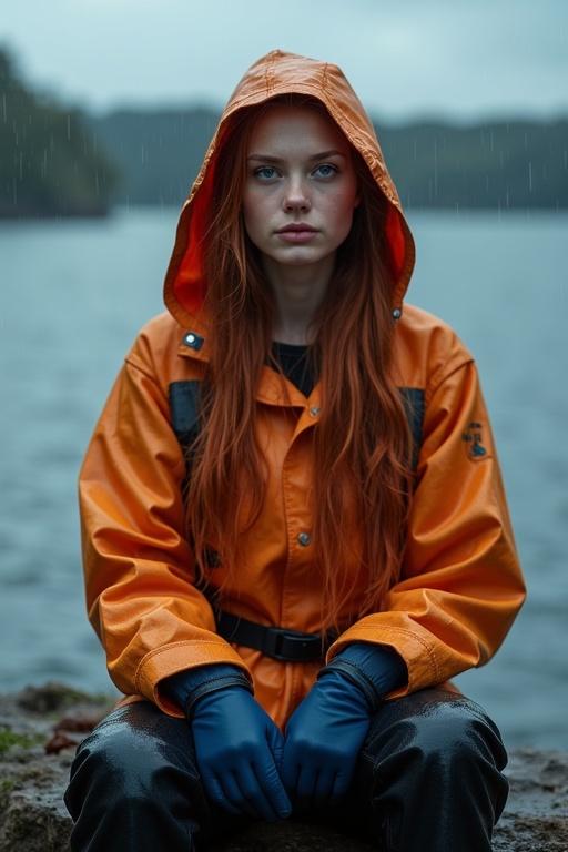 Young woman with long red hair in pigtails wearing an orange fisherman's uniform seated on a cliff. Background shows cold sea and forest with storm clouds. Heavy rain falling.
