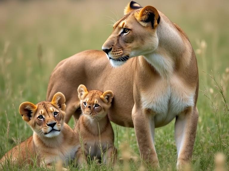Photograph of a lioness and her two cubs in tall grass during daytime. Lioness has light brown fur, white underbelly, darker brown markings around eyes. Cubs have similar fur, one sitting looking up at lioness, other partially hidden. Grasses in various shades of green and brown, background slightly blurred. Lioness looks to the side with calm expression. Defined detailed fur texture. Safari setting, nature, wild animals.
