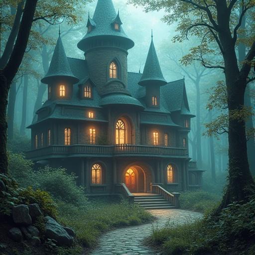 Old library in a magical forest resembling an ancient castle surrounded by luminous plants. Mysterious atmosphere with magic particles floating in pastel colors.