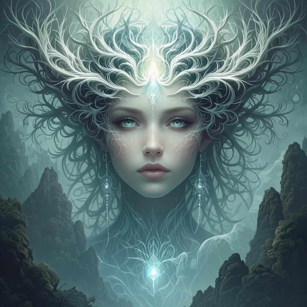 Surreal ethereal concept art featuring a highly detailed mystical figure. The artwork showcases intricate natural elements surrounding the figure. The face is expressive and enchanting with a whimsical atmosphere.