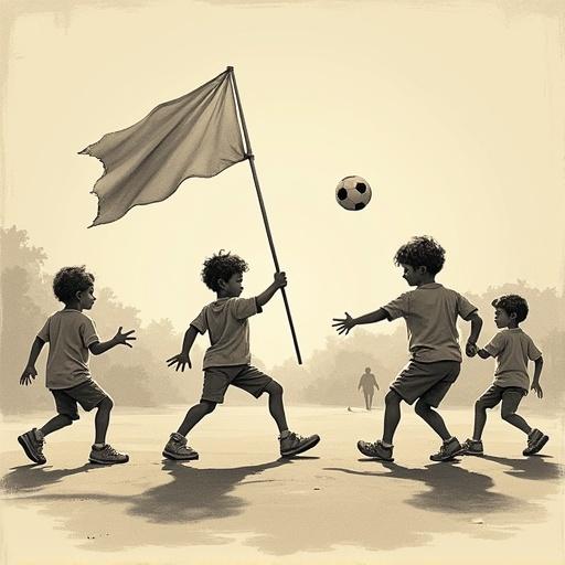 Nostalgic drawing of children playing Capture the Flag. One team on one side and another on the opposite. Each team has a flag in their territory. Objective is to retrieve the other team’s flag. Once crossed mid-line, players can be tagged. A teammate can rescue tagged players.